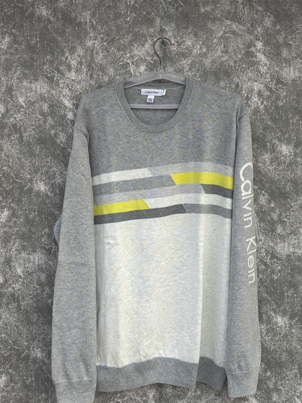 CALVIN KLEIN grey crewneck sweater with striped pattern