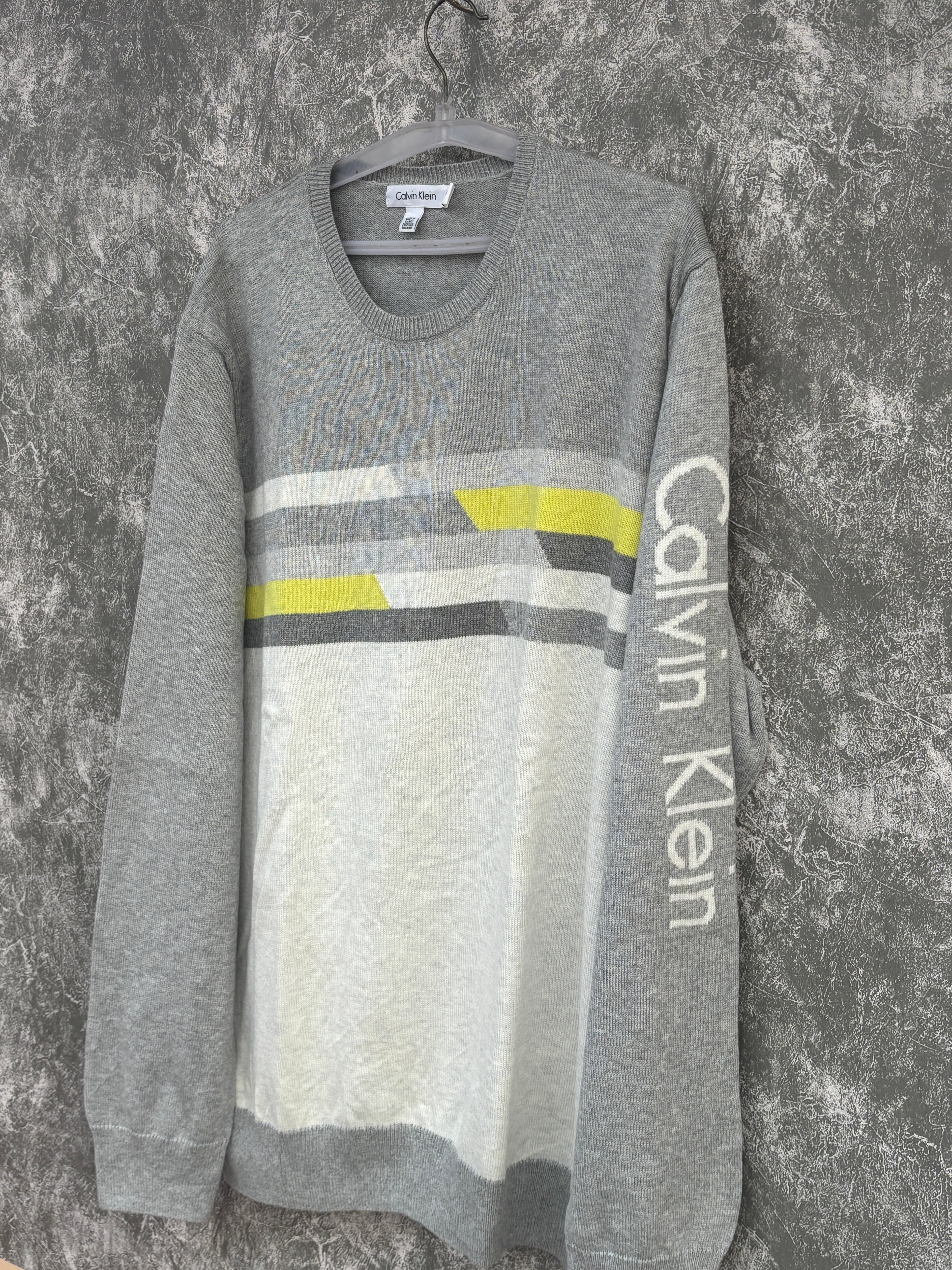 CALVIN KLEIN grey crewneck sweater with striped pattern