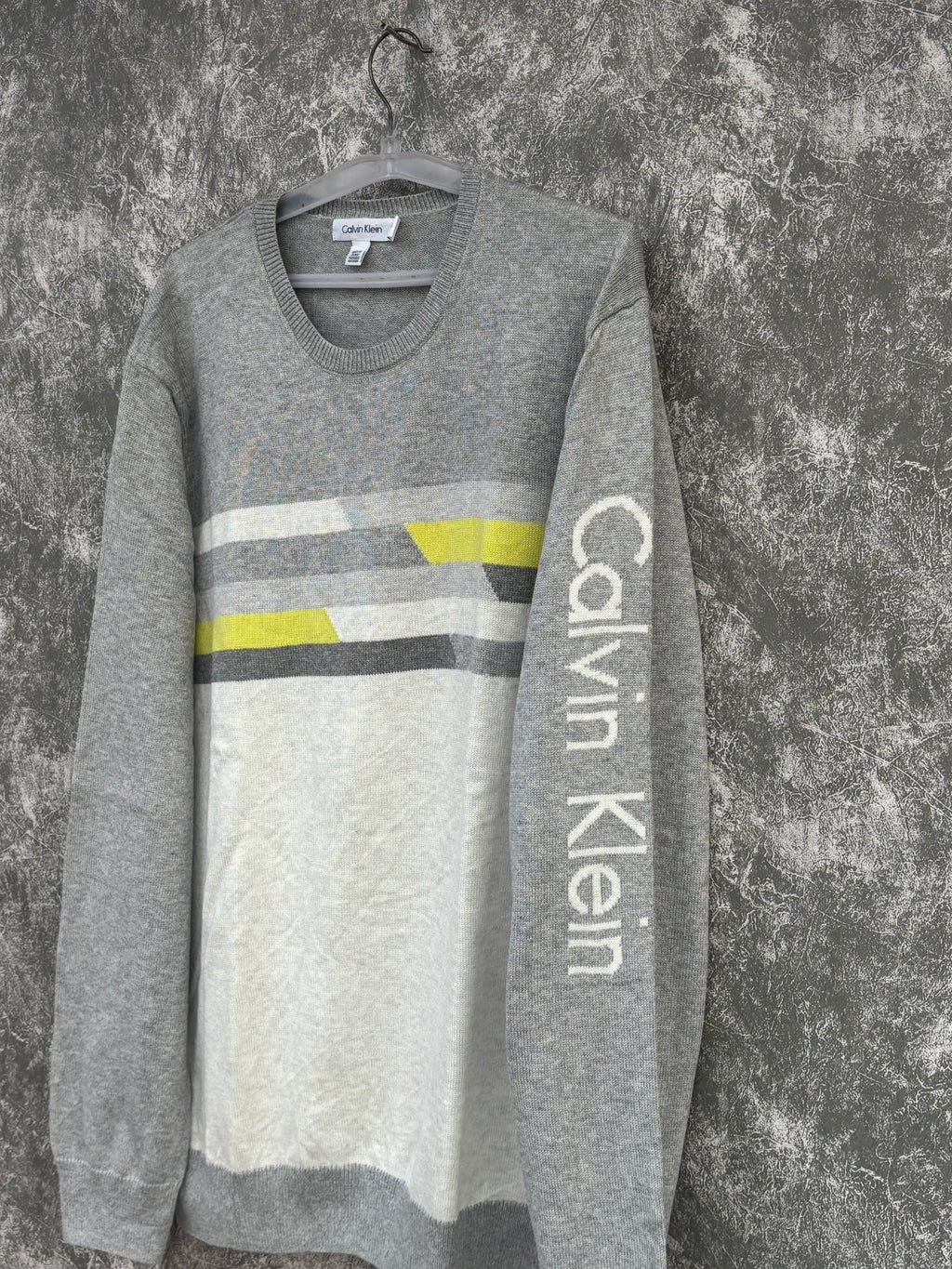 CALVIN KLEIN grey crewneck sweater with striped pattern