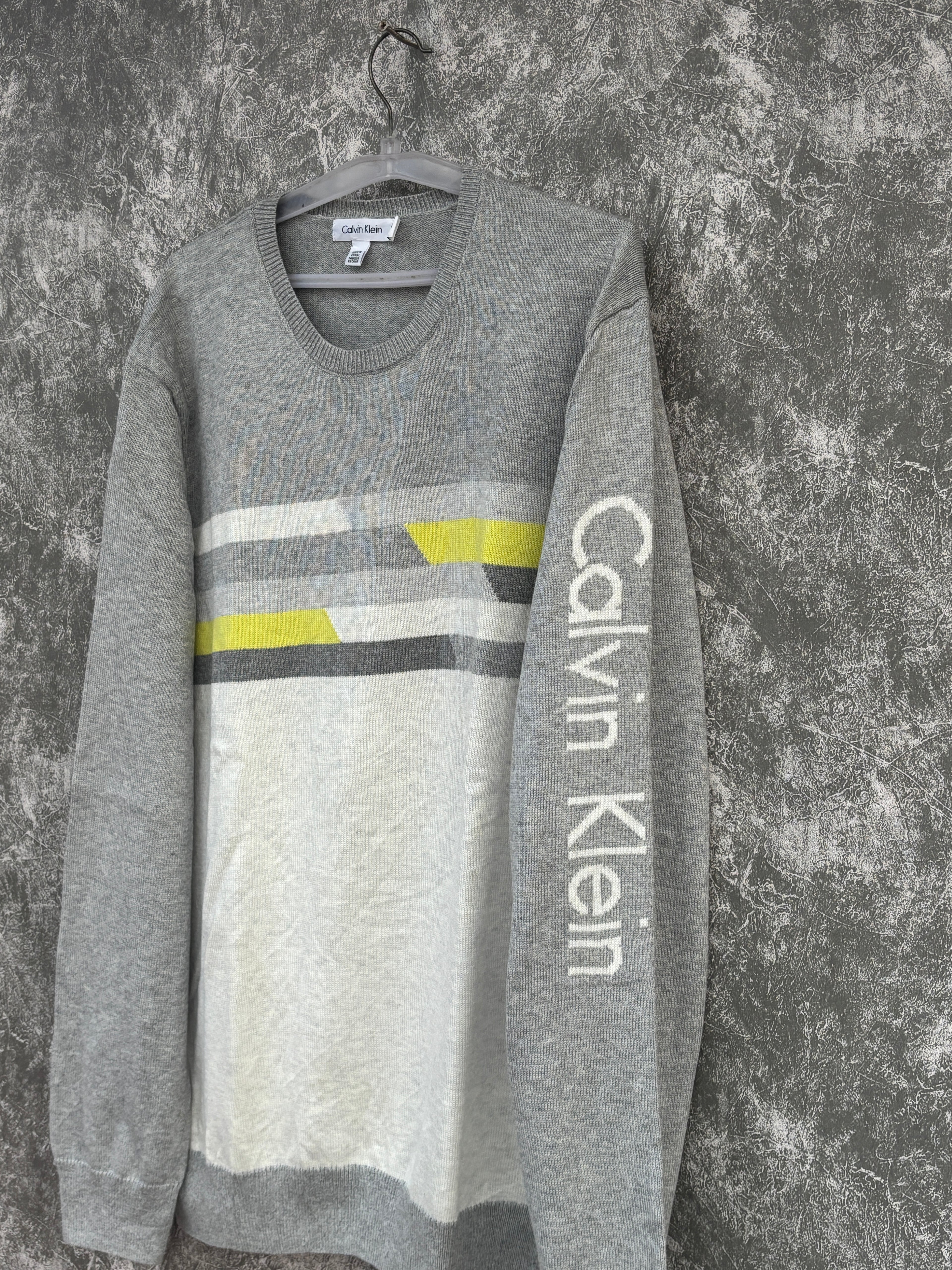 CALVIN KLEIN grey crewneck sweater with striped pattern